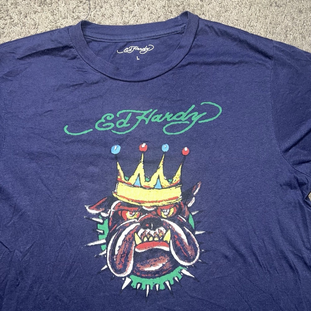 MENS ED HARDY BULLDOG NAVY BLUE T-SHIRT SIZE L